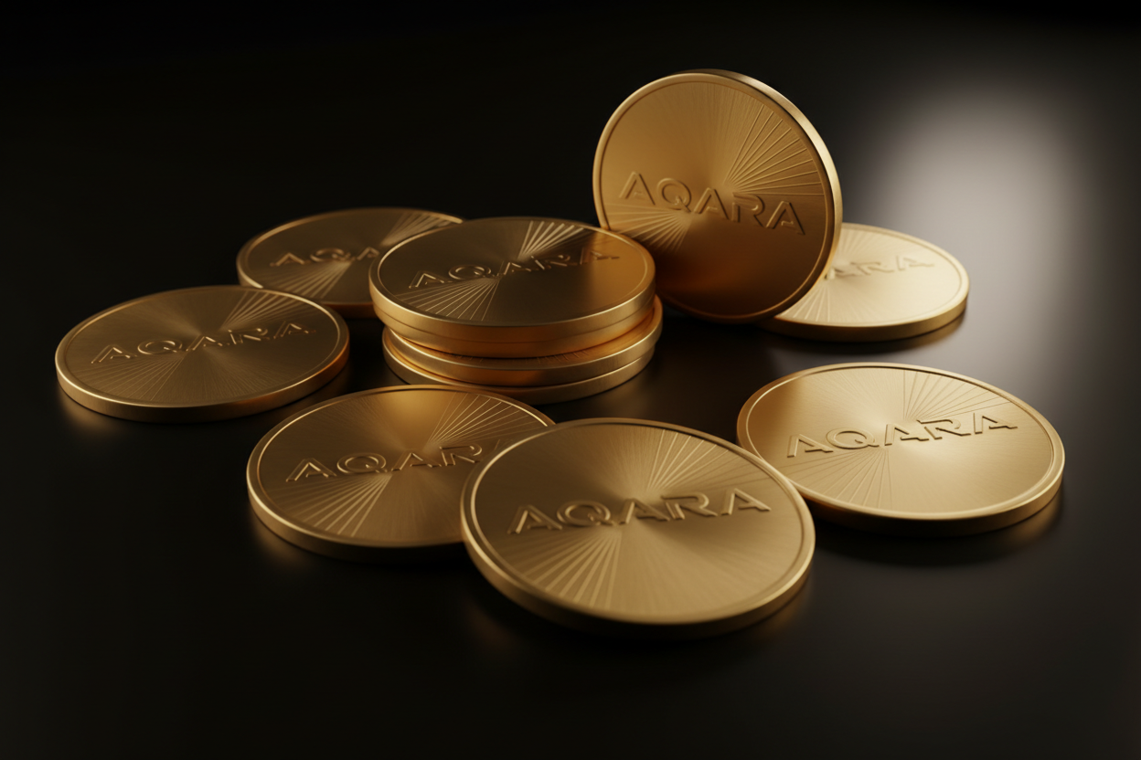 一个黑色的背景下几颗金色的金币，金币表面印着aqara